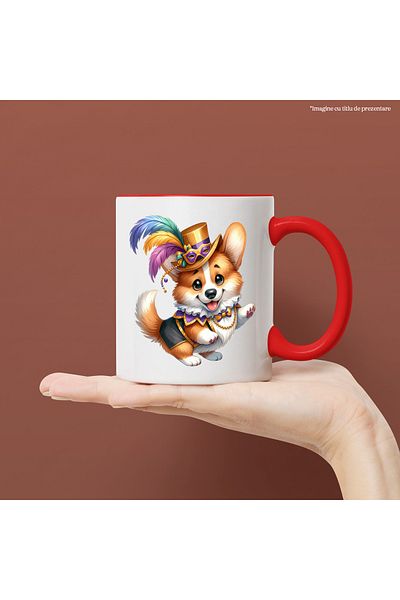 StoryGift Romania Mug with a dancing dog, illustration, circus hat, feathers, joy, fun, With ,STG