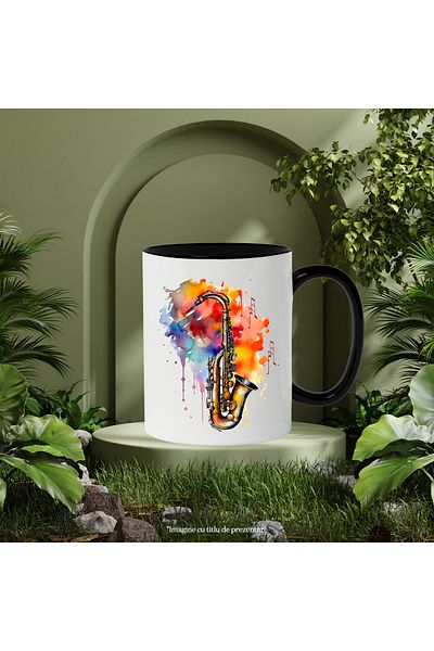 StoryGift Romania Mug With Saxophone, Watercolor, Music, Instrument, Multicolor 330 ml, Ceramic with , With