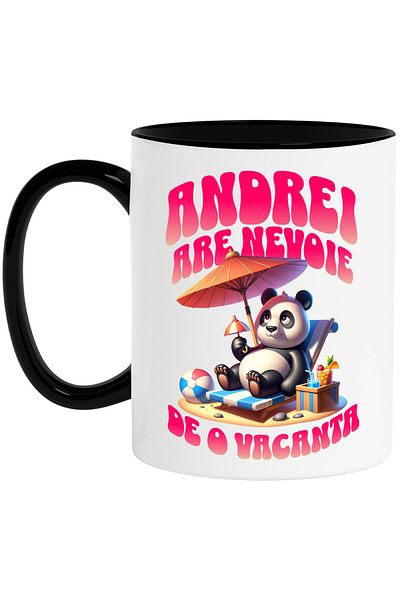 StoryGift Romania Mug with Fluffy Panda Bear at the Beach on a Sunbed Text Andrei Needs a Vacation,, With