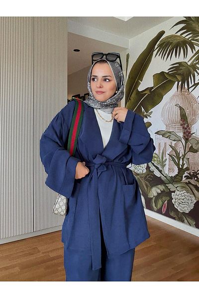 Aselim Hijap Moda Imported Woven Draped Jacket Belted Double Suit Navy Blue