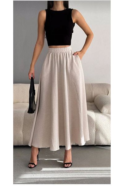 DENİKK Women's Trend Long Skirt with Elastic Waist Pocket