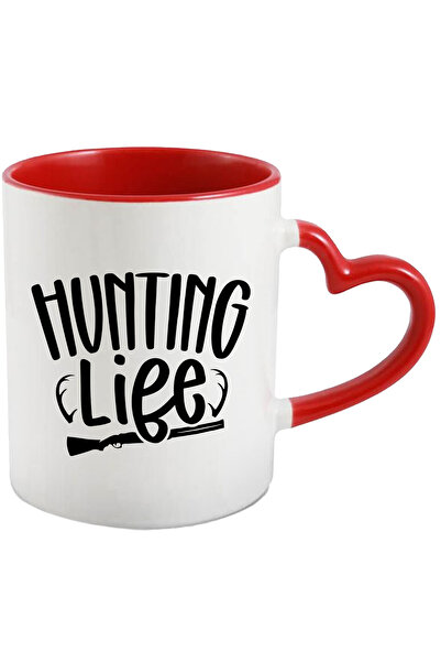 StoryGift Romania Cana Cu O Pusca Si Textul "hunting Life" - Viata De Vanator Cu Maner Inima Rosie, Cu ,stg