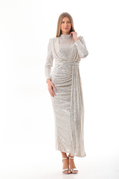 Marvella By Rasha Midnight Drape Sequin Gown