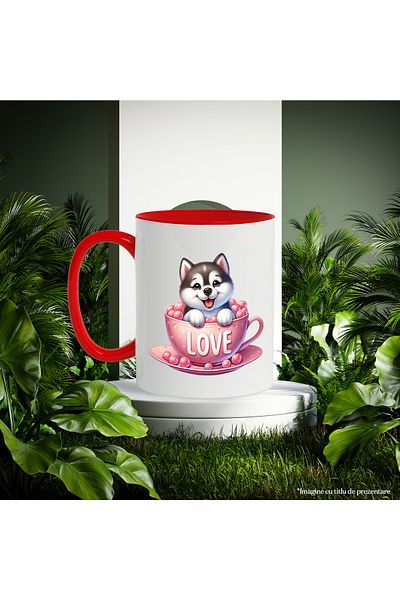 StoryGift Romania Mug with a Husky puppy sitting in a cup that says "Love" | illustrated, With ,STG