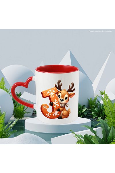 StoryGift Romania Mug with a reindeer holding the letter "J" | illustration | happiness | for children | them, With ,STG.