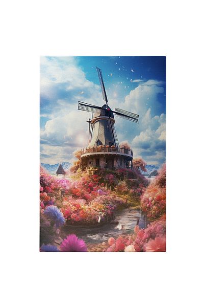 StoryGift Romania Canvas Painting: Windmill on a Field Full of Flowers Next to a Clear River and Blue Sky S