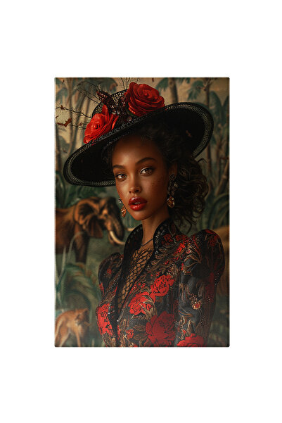 StoryGift Romania Tablou Canvas Doamna In Savana Cu Animale In Spate Imbracat...