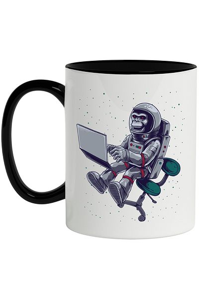 StoryGift Romania Monkey Mug, Space Laptop, Astronaut, Multicolor 330 ml, Ceramic with Handle, With