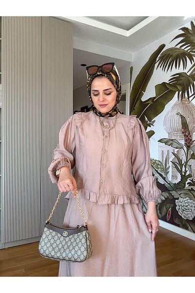 Aselim Hijap Moda Cotton Ruffle Detail Summer Skirt Suit – Brown