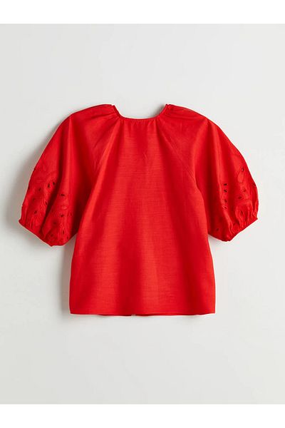 LC Waikiki Lcw Comfort V Neck Embroidered Balloon Sleeve Blouse