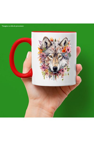 StoryGift Romania Mug with a wolf head surrounded by flowers | illustration | nature | different colors, With ,STG