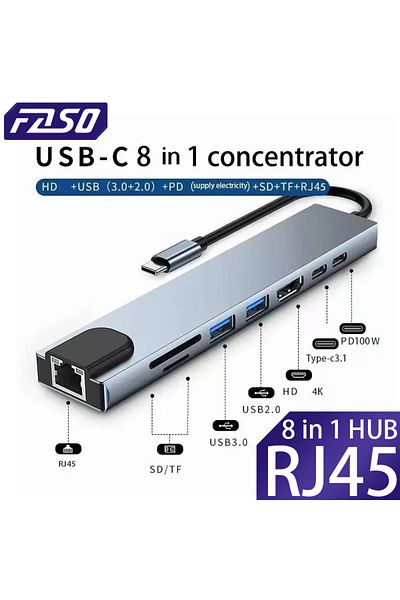 Choice 8 In 1with Rj 45 Faso Usb Hub 4-in-1 Type C Adapter Hub To Hdtv Vga Usb 3.0 Digital Av Multiport Ada