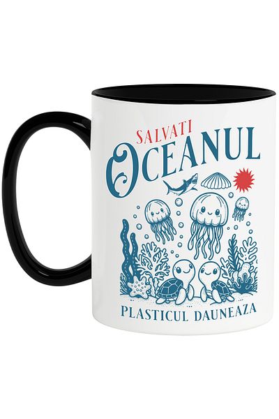 StoryGift Romania Save the ocean mug, plastic harms the aquatic world, 330ml, Ceramic with Handle, With