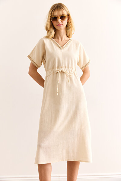 Olalook Women's Ecru Waist Lace up Lined Guipure Detailed Midi Linen Dress Elb-19002419