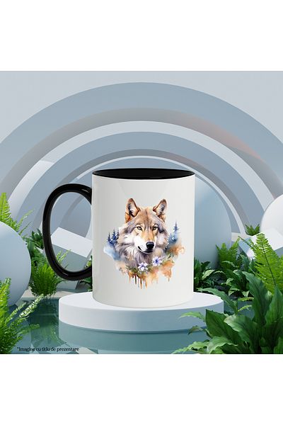 StoryGift Romania Wolf Head Mug, Forest, Flowers, Watercolor, Leaves, Multicolor 330 ml, Ceramics, With