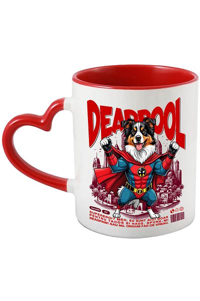 StoryGift Romania Cana Cu Ciobănesc Australian / Australian Shepherd Caine In Costum De Deadpool C, Cu ,stg