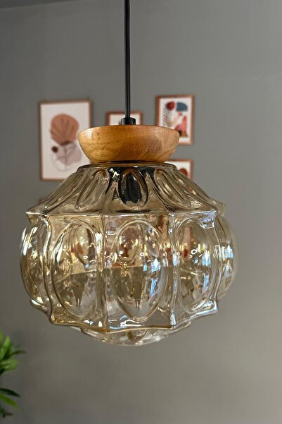 Bamyum Şila Cam Bal Rengi Tekli Avize Tabak Ahşap Başlık Retro Sarkıt Lamba Salon Aydınlatma