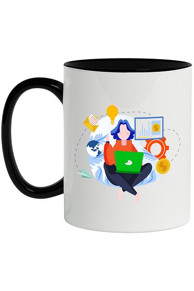 StoryGift Romania Mug With Laptop, Mail, Coin, Financial, Airplane, Multicolor 330 ml, Ceramic with M, With