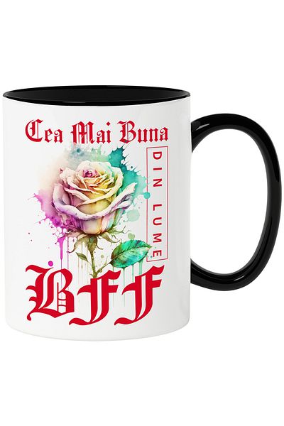 StoryGift Romania Mug With Text Best BFF, In The World, Flower, Colorful Rose, Watercolor, With