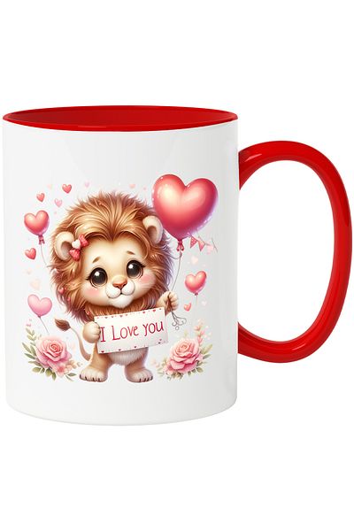 StoryGift Romania Mug with a lion cub holding a balloon with the message "I love you", love, affection, Cu