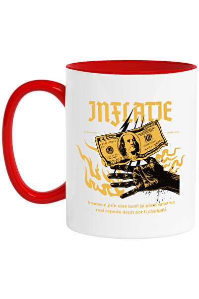 StoryGift Romania Cana Mana Umana In Flacari Inflatie Bani Bancnota, 330ml, Ceramic Cu Maner Rosu, Cu M,stg