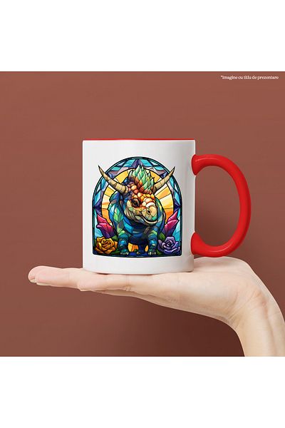 StoryGift Romania Mug with a dinosaur in mosaic style, illustration, flowers, long time ago, glass, a, With