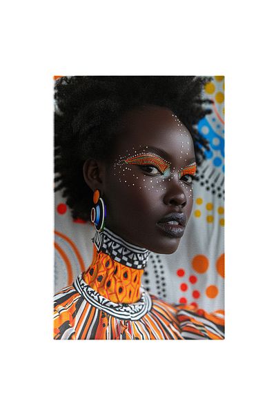 StoryGift Romania Tablou Canvas: Doamna Africana Creata Cu Perle Lipite Pe Fata Si Cercei In Salopeta Colorata P