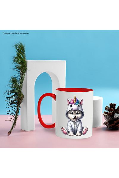 StoryGift Romania Mug with a Husky puppy dressed as a unicorn, illustration, playful, for children, ha, With ,STG