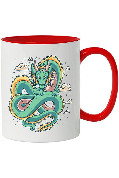 StoryGift Romania Mug With Dragon, Clouds, Asian, Stars, Multicolor 330 ml, Ceramic with Red Handle, With M