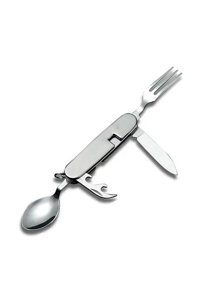 PUFO Cuțit de camping multifuncțional 6 în 1, cu lingură și furculiță, 9 cm, argintiu