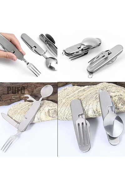 PUFO Cuțit de camping multifuncțional 6 în 1, cu lingură și furculiță, 9 cm, argintiu
