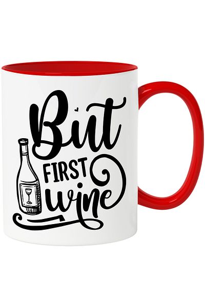 StoryGift Romania Mug with the text in English "But first wine" - but first wine with Red Handle, With Handle