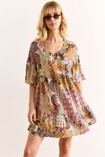 Olalook Women's Multicolor V-Neck Balloon Sleeve Woven Viscose Dress Elb-19002415