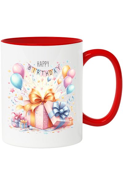 StoryGift Romania Mug with an open gift with the message "Happy birthday" | illustration | balloons, With,STG