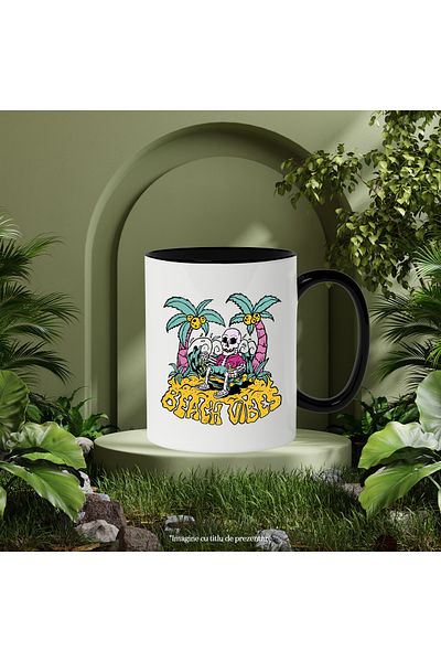 StoryGift Romania Beach Vibes Mug, Sand, Skeleton, Palm Trees, Waves, Coins, Multicolor 330 ml, Cu