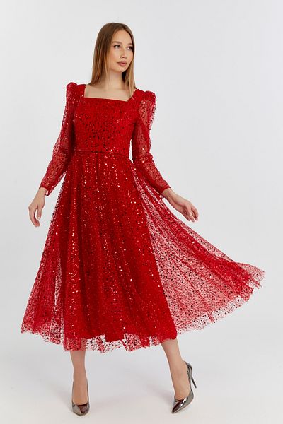 Asees Women's Evening Dress and Graduation Square Neckline Pearl Beaded Tulle over Tulle Fabric Stylish and Elegant Evening Dress