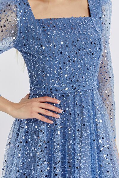 Asees Kadın Kare Yaka Tül Kumaş Üzerine Inci Boncuklu Tül Şık Ve Zarif Abiye Elbise