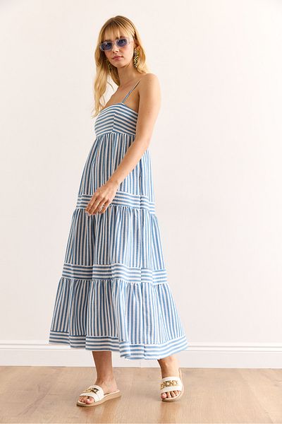 Olalook Women's Blue White Strap Adjustable Pocket Striped Maxi Dress Elb-19002412