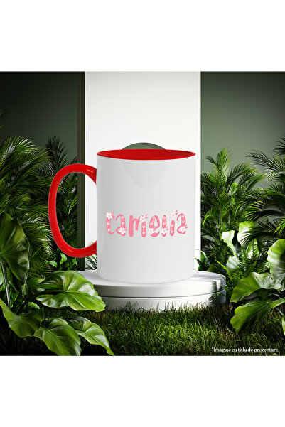 StoryGift Romania Mug With Name Camelia, Flowers, Colorful, Pink, Cute, 330ml, Ceramic with Red Handle, With,STG.