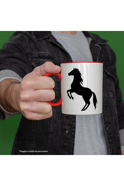 StoryGift Romania Mug with a horse standing on its hind legs with a red handle, with a red handle STG, STG, STG