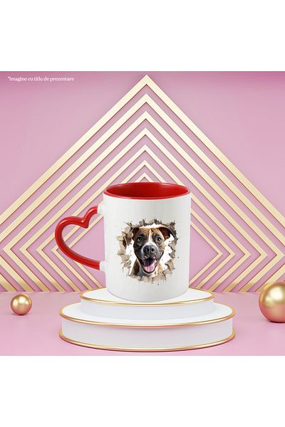StoryGift Romania Mug with a curious puppy looking through a broken wall, illustration, playful,, With ,STG.