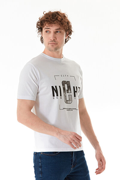 Fulla Moda Night Yazı Baskılı Bisiklet Yaka Tişört