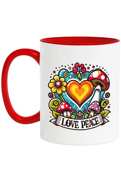 StoryGift Romania Mug with the message "Love peace", hippie style, culture, illustration, psychedelic, love, With