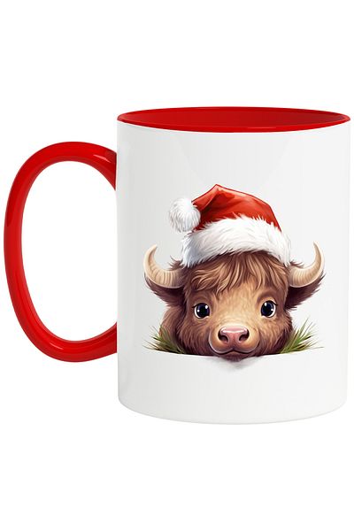 StoryGift Romania Mug with a little bison wearing a Christmas hat | holidays | illustration | happy, With