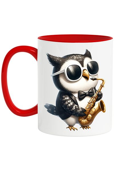StoryGift Romania Mug with an owl, illustration, bow tie, playing the saxophone, glasses, music, instrument, With ,STG