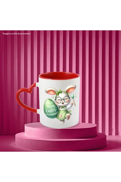 StoryGift Romania Cana Cu O Iepuroaica In Rochita, Ilustratie, Funda, Verde, Paste Fericit, Inimio, Cu ,stg