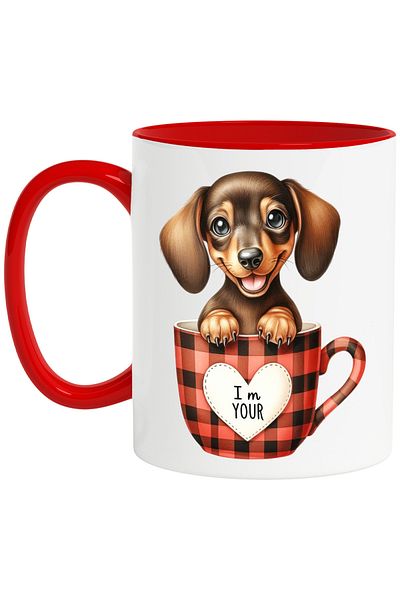 StoryGift Romania Mug with a playful brown puppy | illustration | sitting in a cup | important | like, With ,STG