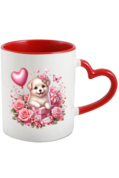 StoryGift Romania Cana Cu Un Catel Vesel | Jucaus | Alb | Trandafiri | Flutur...