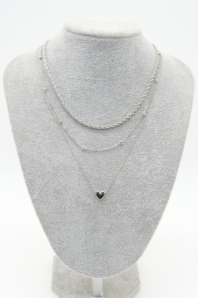 TAKIBOX Triple Chain Model Silver Color Minimalist Heart Necklace