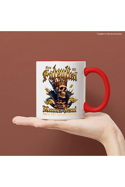 StoryGift Romania Skull and Crown Mug - Potential, Work and Money, 330ml, Ceramic with Red Handle, With M,STG